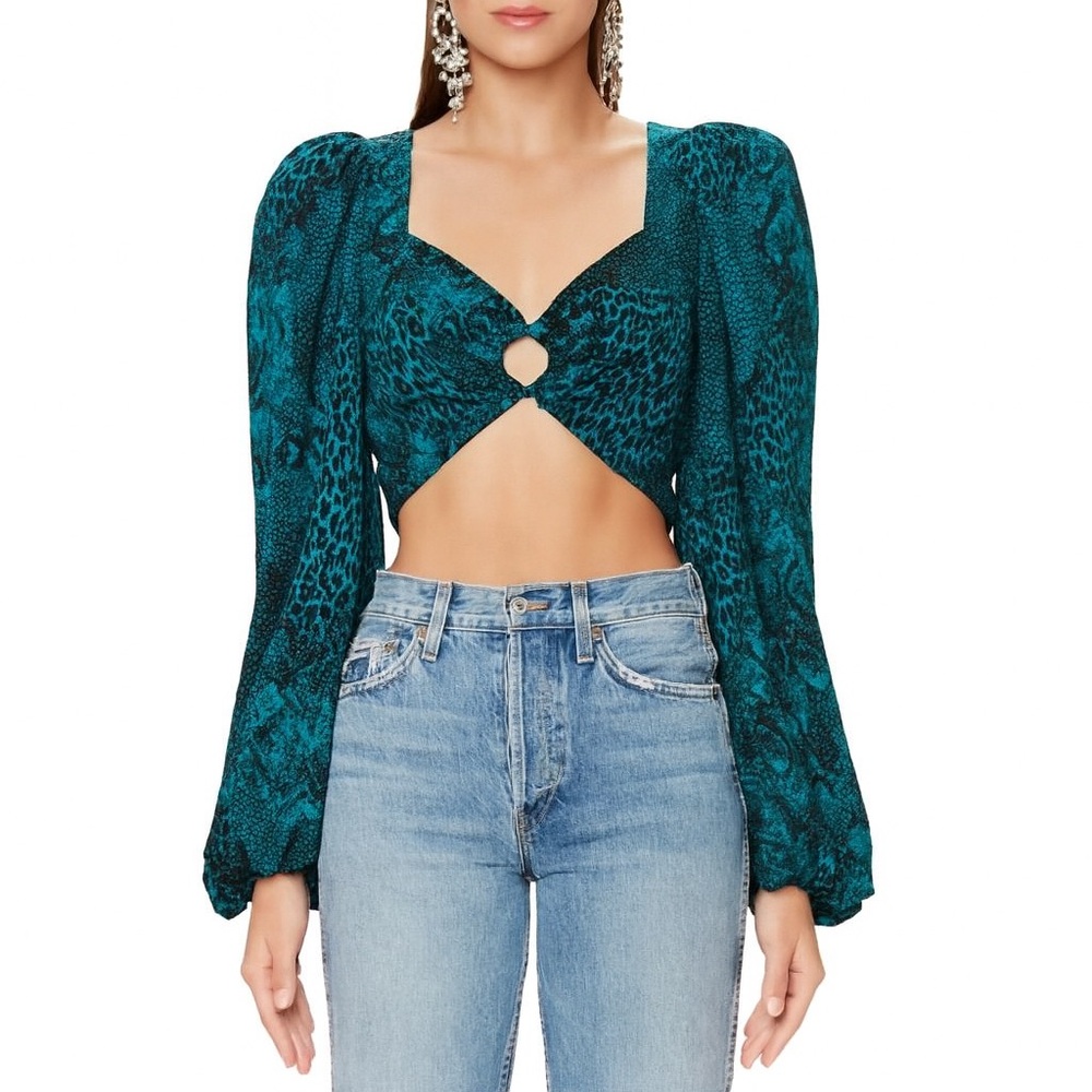 AFRM LUCAS LONG SLEEVE CROP TOP IN TEAL ANIMAL medium